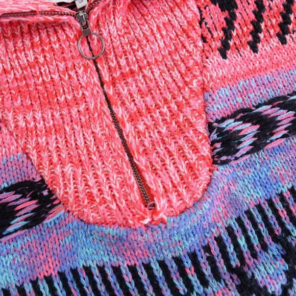 John + Jenn Nash Sweater Neon Pink & Teal Knit Abstract Quarter-Zip  Sweater S - Picture 12 of 12